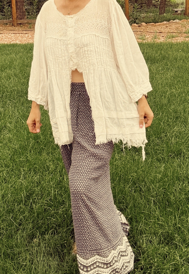 Magnolia Pearl 100% Linen White Shirt - Ruffles & Frayed Distressed Gypsy